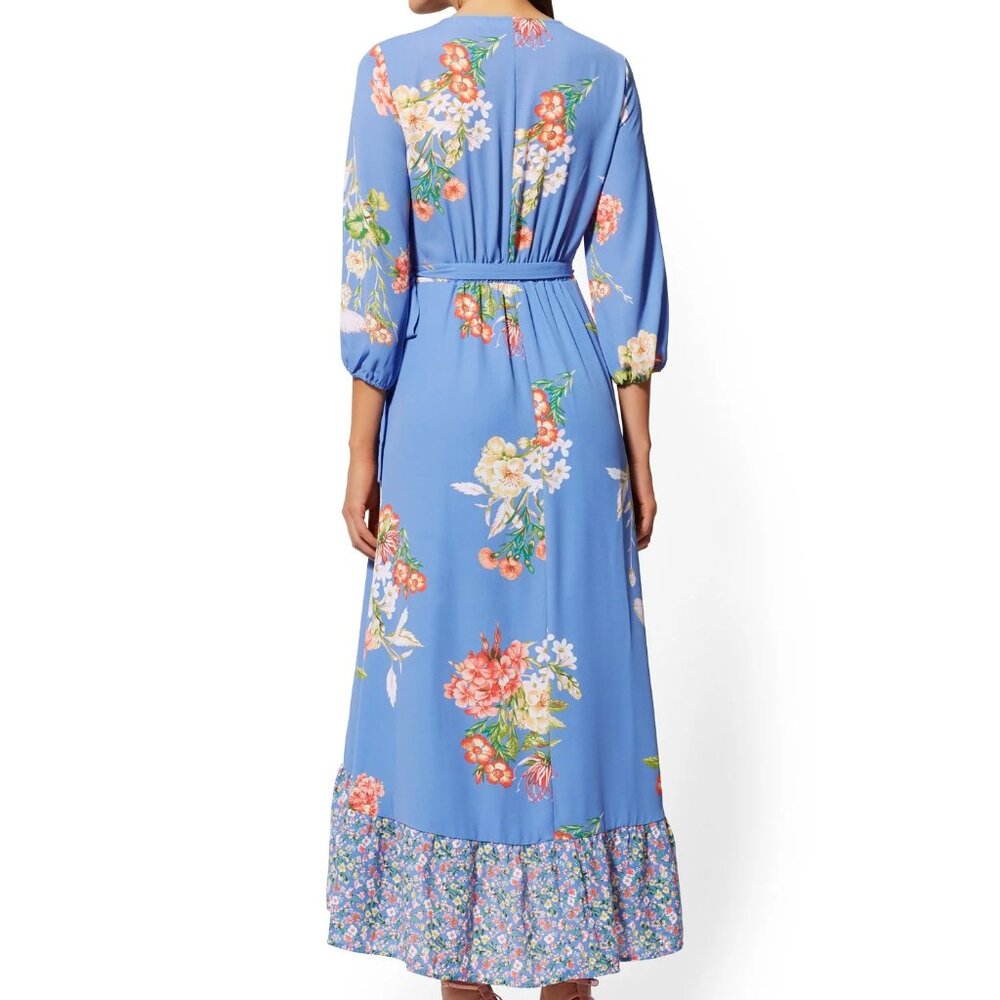 New York & Company Blue Floral High-Low Wrap Dress - Picture 2 of 3